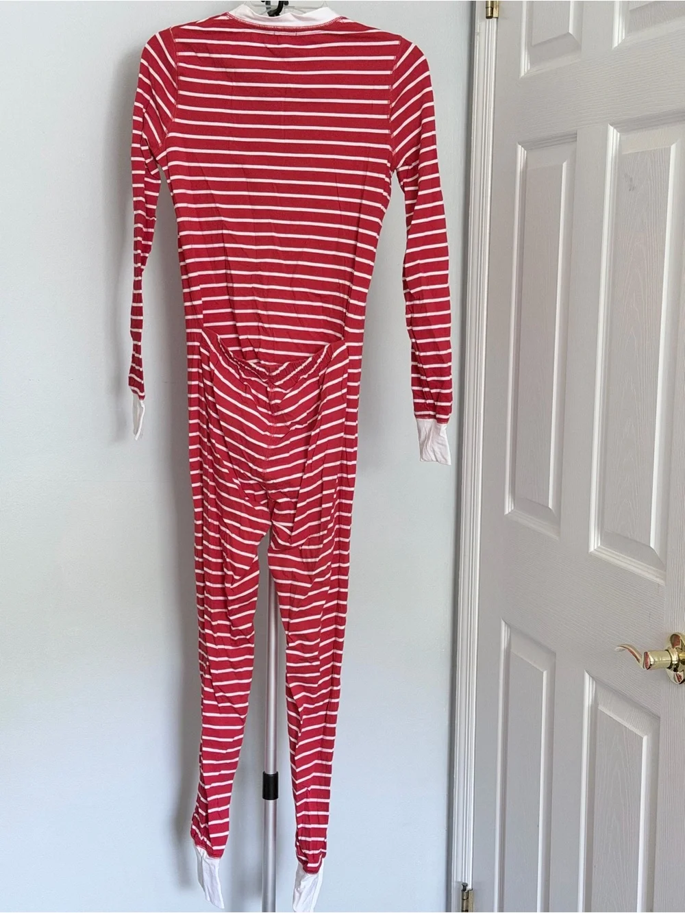 J. Crew XS Red White Stripe Henley One Piece Pajamas Union Suit Drop Seat